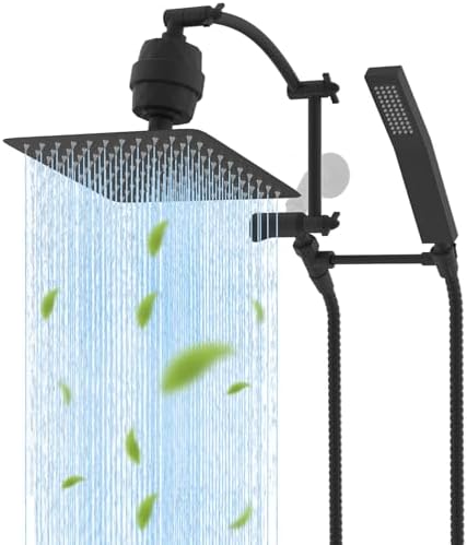Hibbent All Metal 10'' Filtered Rainfall Shower Head with Handheld Combo, High Pressure Shower Wand, 16'' Adjustable Extension Arm, 20 Stage Shower Filter, 71'' Hose, Shower Holder, Matte Black