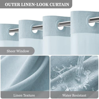BTTN Fog Blue Ringless Linen Textured Shower Curtain with Snap Liner, 72x75