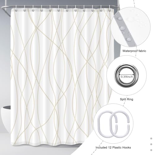Striped Shower Curtain for Bathroom, Beige Khaki, 72" W x 84" L