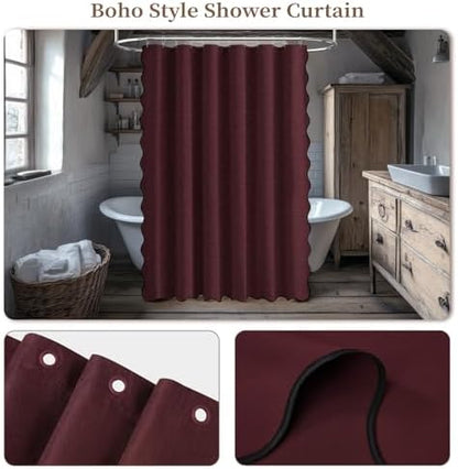 BTTN Burgundy Boho Scalloped Linen Textured Cloth Shower Curtain Set, 72x72
