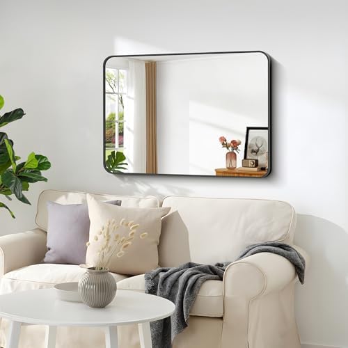 Bathroom Mirror, 18 x 24 inch Metal Framed Black Rectangle Mirror, Rounded Corner Rectangular Vanity Mirror, Wall Mounted Mirror for Modern Bedroom Living Room Hangs Horizontal or Vertical