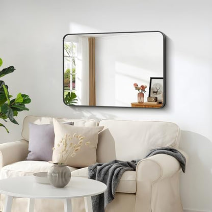 Bathroom Mirror, 18 x 24 inch Metal Framed Black Rectangle Mirror, Rounded Corner Rectangular Vanity Mirror, Wall Mounted Mirror for Modern Bedroom Living Room Hangs Horizontal or Vertical