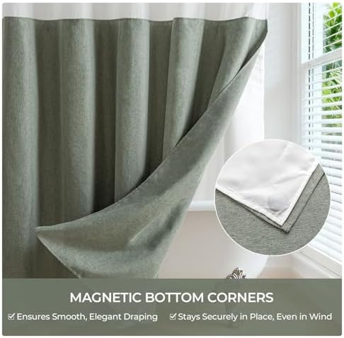 River Dream Linen Textured No Hooks Shower Curtain with Liner,Green,71x74