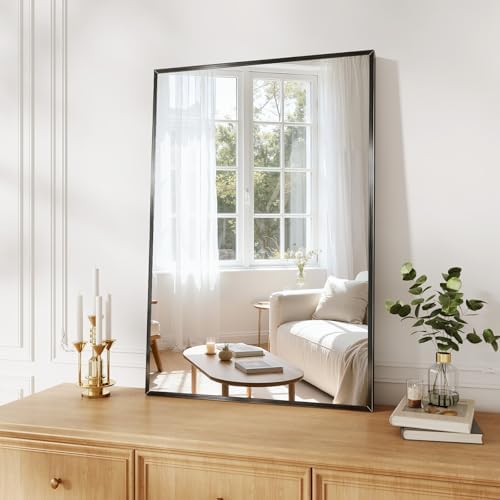 Koonmi Bathroom Mirror for Wall, 24"x36" Black Bathroom Mirror for Over Sink, Shatterproof Tempered Glass Vanity Mirror with Anti-Rust Aluminum Alloy Frame, Hang Horizontally or Vertically