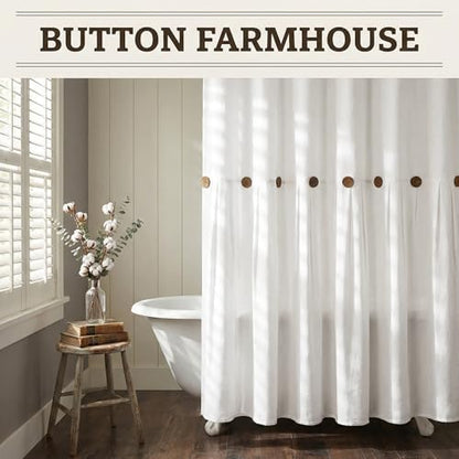 Farmhouse Shower Curtain Linen Button White 72" W x 72" L