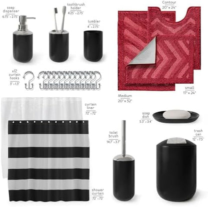 Clara Clark Bathroom Accessories Set - Black Shower Curtain Set with Bathroom Trash Can, 23PC Bathroom Set, Bathroom Sets with Shower Curtain and Red Rugs