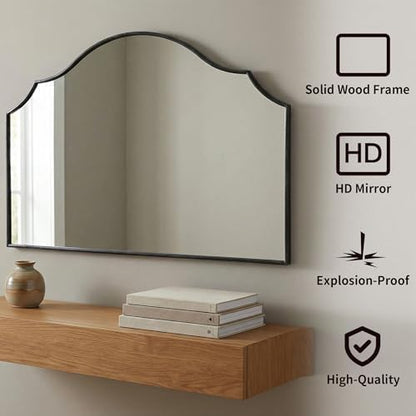 Besdomus Black Scalloped Wall Mirror: 47"x31" Large Wooden Fireplace Mirror