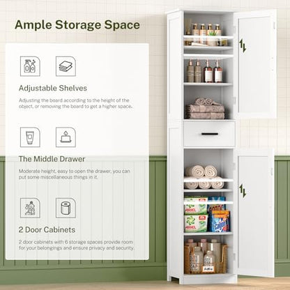 WEENFON Tall Bathroom Cabinet, Storage Cabinet with 6 Shelves & Drawer, Bathroom Storage Cabinet with Adjustable Shelves, Tall Cabinet for Living Room, Home Office, White
