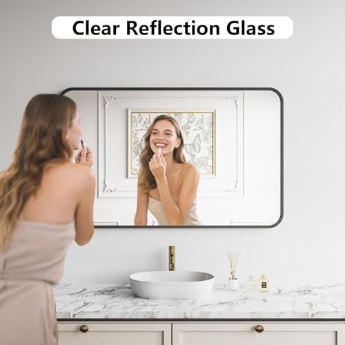 Koonmi Bathroom Mirror, 30X48 Brushed Black Metal Framed Wall-Mounted Mirror for Over Sink, HD Tempered Glass, Anti-Rust, Rounded Rectangle Mirror for Restroom, Bedroom, Hangs Horizontal or Vertical