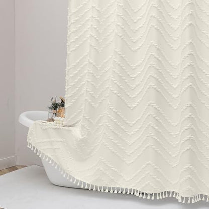 OWENIE Boho Shower Curtain, Beige Fabric Cloth Shower Curtains Farmhouse Tufted Chevron Striped Textured with Tassel for Bathroom, Soft Hotel Style Modern Minimalist, Machine Washable, 72x72, Beige