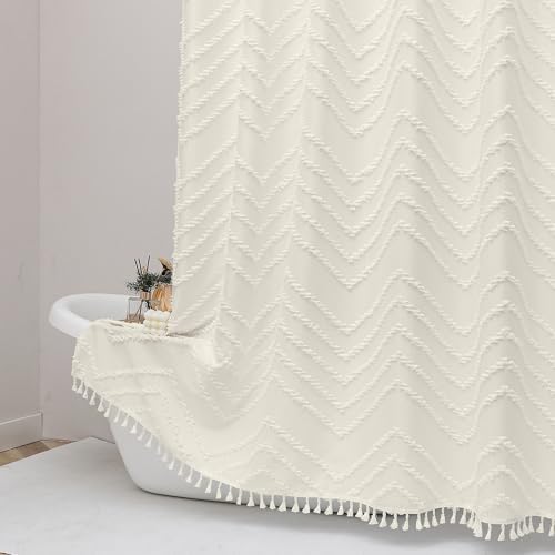 OWENIE Extra Long Beige Boho Shower Curtain, Chic Tufted Chevron Striped Textured Cloth Fabric Shower Curtains with Tassel for Bathroom, Soft Hotel Style Farmhouse, Machine Washable, 72x96