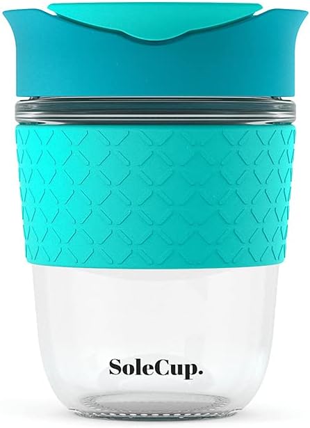 Reusable Strengthened Glass Travel Cup - Spill Proof Coffee Mug - 12oz/340ml BPA-Free Hot Drink Travel Mug with Lid & Silicone Band (Blue, 12oz)