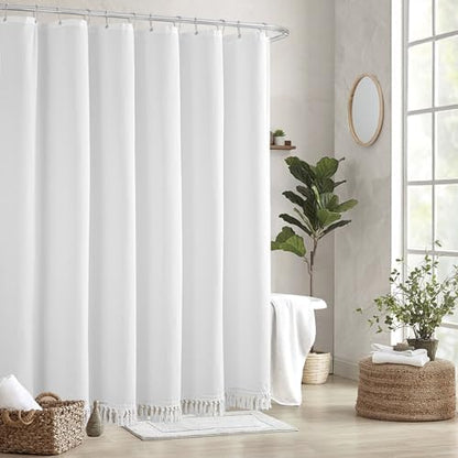 Linen Shower Curtain Boho White Shower Curtain with Tassels 72"W x 72"L