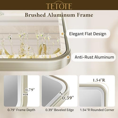 TETOTE Brushed Nickel Framed Bathroom Mirror 60 x 36 Large Beveled Edge Tempered Glass, Rounded Corner Rectangle Bathroom Mirror for Modern Bathroom, Living Room, Bedroom, Entryway