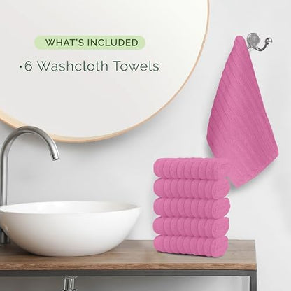 Elegant Comfort 100% Turkish Cotton Corduroy Ribbed Luxury Washcloths 6 Pack Soft 13 x 13 Inch - Higly Absorbent, Durable, Quick Dry, Spa Premium Hotel Quality for Bathroom or Travel, Light Pink