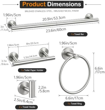 5 Piece Brushed Nickel Bathroom Hardware Accessories Set, 24" Towel Bar Set