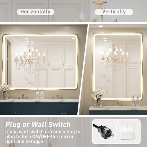 48X36 Inch LED Gold Frame Bathroom Mirror,3 Color