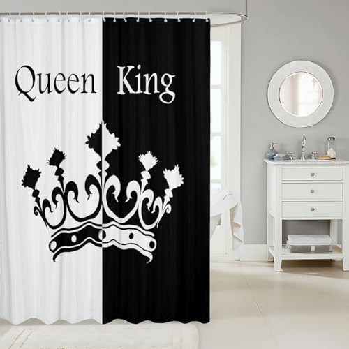 Crown Queen And King Curtains,His And Hers Matching Couple Bathroom Waterproof Accessories with 12 Hooks for Girls Boys Teens, Romantic Valentine'S Day Black And Red Fabric Shower Curtain,72x72 Inches