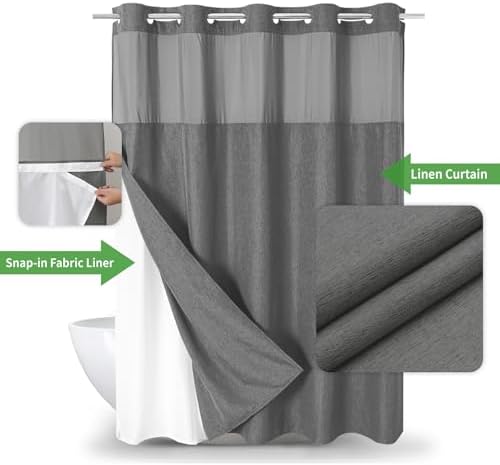 eachope No Hook Fabric Shower Curtain with Snap-in Liner,71x74Charcoal Grey