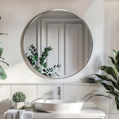 Sunniry Silver Round Mirror, Circle Mirror 24 inch, Brushed Metal Frame