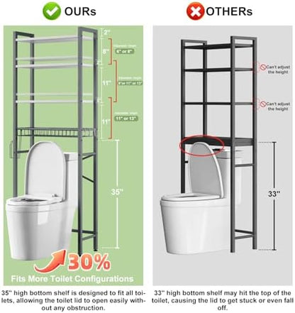 Kalrin Over-The-Toilet Storage Rack, 4-Tier Bathroom Organizer Shelf Over Toilet with Adjustable Shelf and Basket, Freestanding Space Saver Bathroom Shelves Above Toilet for Room (Gray- White)