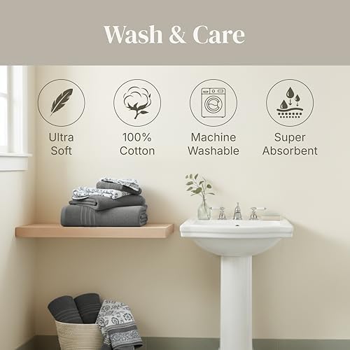 Modern Threads 6 Piece Bath Towel Set – Bathroom Set with 2 Bath Towels, 2 Hand Towels, and 2 Wash Cloths – 100% Cotton, Super Absorbent & Extra Soft – Reversible Floral Trail (Gray)