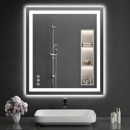 LED Bathroom Mirrors 32"x36" Bathroom Mirror with Lights for Wall, Backlit + Front Lit, 3 Colors, Anti-Fog, Dimmable Brightness for Vanity,Bathroom, Entryway, Living Room