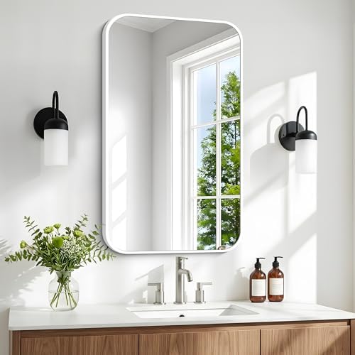 BONEWEI White Bathroom Mirror,16x24 inch Wall Mirror for Bathroom Wall Mounted,Rectangle Mirror for Bathroom Over Sink,Modern Frame Round Corner for Living Room,Bedroom Entryway,Horizontal/Vertical