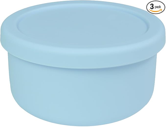 24 fl oz Silicone Food Storage Container with Lid, Round Portable Airtight Salad Bowl, Reusable Meal Prep Bowl for Soup Stew Leftovers, Microwave Fridge Dishwasher Safe, BPA Freee (Light blue 3 Pack)