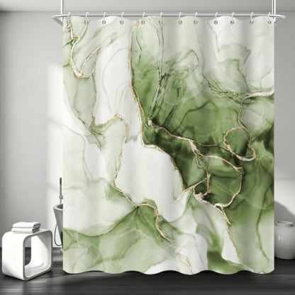 Green Marble Shower Curtain Modern Abstract Luxury Gold Ink Texture Gray Ombre Watercolor Bathroom Curtain Set with Hooks Soft and Lightweight Waterproof Fabric Machine Washable 48" Wx72 L