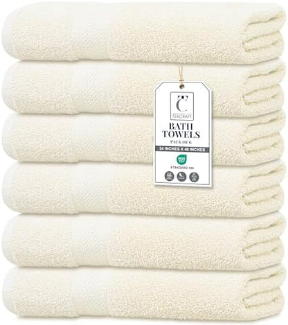 Medium Size Bath Towels Set of 6 – 100% Cotton Terry – 24" x 48" – Quick Dry, Soft & Highly Absorbent – Ivory Towels for Bathroom, Gym, Spa, Pool & Daily Use