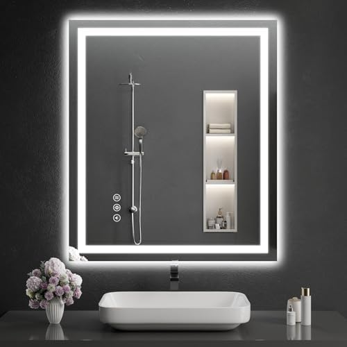 LED Bathroom Mirrors 38"x40" Bathroom Mirror with Lights for Wall, Backlit + Front Lit, 3 Colors, Anti-Fog, Dimmable Brightness for Vanity,Bathroom, Entryway, Living Room