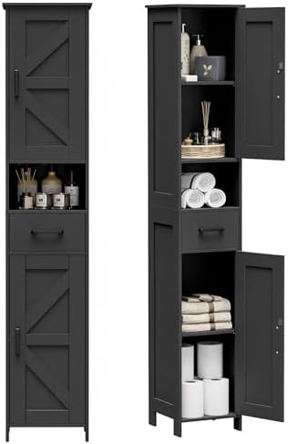 Homhedy 67" H Tall Bathroom Storage Cabinet with Barn Doors and Drawer