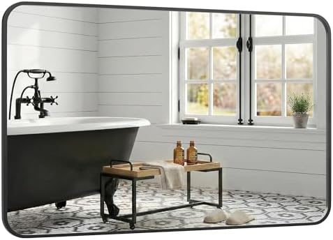 30x48 Inch Matte Black Rounded Rectangle Bathroom Vanity Mirror