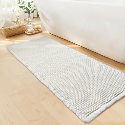 White Bathroom Rugs, Waffle Bath Mat Non Slip Washable, 20" x 48"