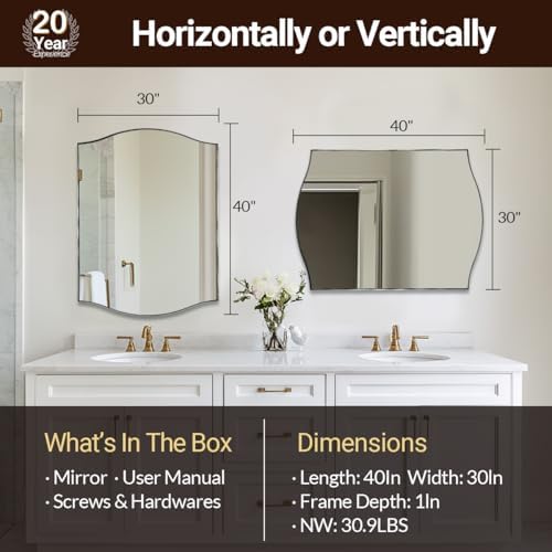 ANDY STAR Rectangle Scalloped Mirror, 30"x40" Brushed Nickel Bathroom Mirror in SUS304 Stainless Steel Metal Frame, Large Silver Vanity Mirror with Unique Arched Top Design
