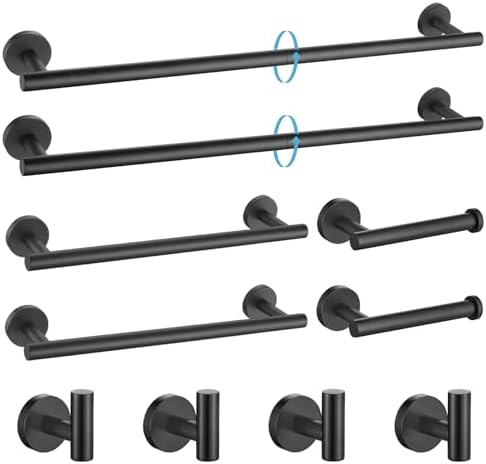 TURS Matte Black 10 Pieces Bathroom Hardware Set, SUS304 Stainless Steel 24 Inch Bath Towel Bar Set, Round Bathroom Accessories Kit Wall Mounted