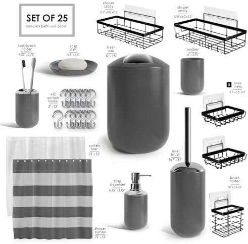 Clara Clark Bathroom Accessories Set - Bathroom Set with Adhesive Corner Shower Caddy Hanging, 25PC Bathroom Accessory Set, Grey Shower Curtain Set, Toilet Brush, Trash Can & Soap Dispenser