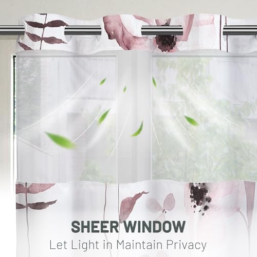 WITHLOC No Hook Floral Shower Curtain with Liner, Burgundy, 71x74
