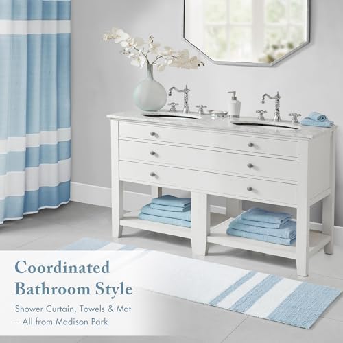 Madison Park Spa Cotton Bath Rug Non-Slip Absorbent Striped, 24 x 72, Blue