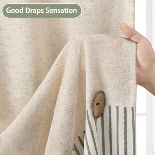 Farmhouse Shower Curtain Linen Button Green Stripe 72" W x 84" L