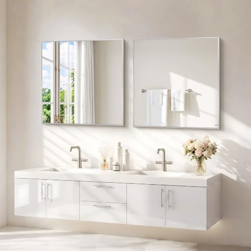 COFENY Silver Bathroom Mirror for Wall, 30x30 Inch Square Mirrors with Metal Frame, Modern Vanity Wall Mirror Decor for Bathroom Sink, Living Room, Entryway Hangs Horizontal or Vertical