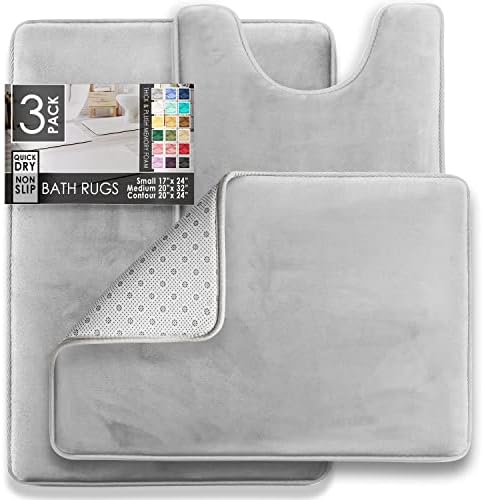 Clara Clark 3 Piece Bathroom Rugs Bath Mat Set, Velvet Memory Foam Bath Mats for Bathroom - Non-Slip, PVC Backing Bath Rugs, Washable - Dries Quickly, Silver