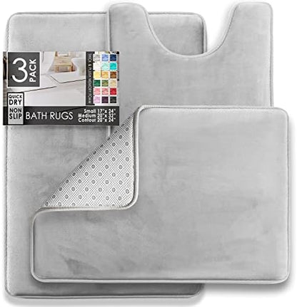 Clara Clark 3 Piece Bathroom Rugs Bath Mat Set, Velvet Memory Foam Bath Mats for Bathroom - Non-Slip, PVC Backing Bath Rugs, Washable - Dries Quickly, Silver