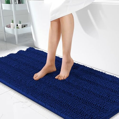 OLANLY Thick Bathroom Runner Rugs 47x24, Soft Chenille Long Bath Rugs, Navy