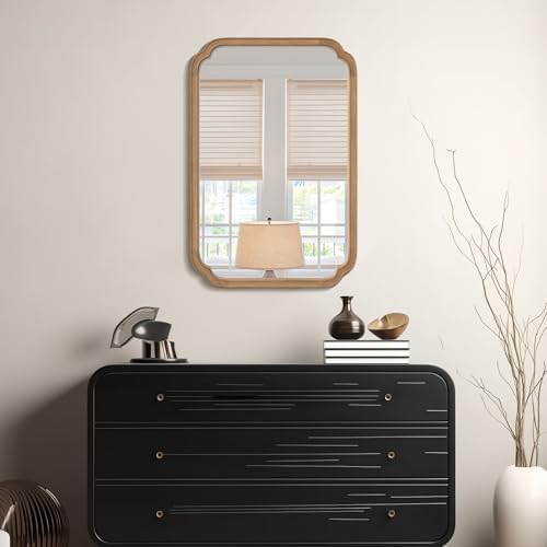 WallBeyond 24" x 36" Rounded Corner Arch Wall Mirror with Wood Frame for Entryway, Living Room or Bedroom Home Decor - Light Woodgrain [24" x 36" Honey-Colored]