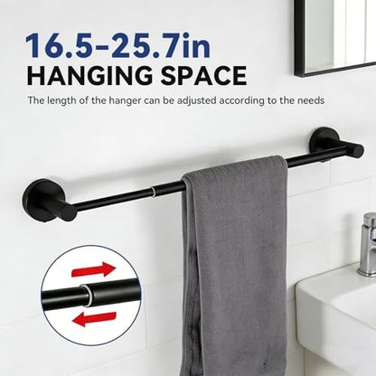 5Pcs Bathroom Hardware Set, Matte Black Bathroom Accessories Set with 24" Towel Bar, Upgraded Toilet Paper Holder with Shelf, Towel Ring & 2 Robe Hooks, Wall Mounted Stainless Steel Bath Hardware Set