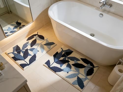 Blue Leaves Bath Mats Bathroom Rugs Non-Slip Soft Microfiber Absorbent Machine Washable Entrance Doormat Boho Carpet for Bathroom Floor Tub Shower 17.5 X 25.5 Inches