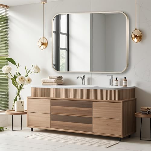 24x36 Inch Brushed Nickel Bathroom Mirror, Framed Rectangle Mirror with Rounded Corner, Brushed Mirror, Silver Bathroom Mirror for Over Sink, Vanity, Living Room, Bedroom, Horizontal/Vertical