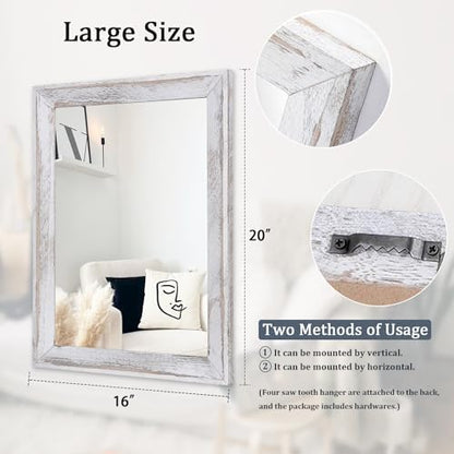 AAZZKANG Mirrors for Wall Rustic Wood Framed Hanging Mirror 20"x16" Decorative for Farmhouse Bedroom Bathroom Living Room Entryway Hallway White